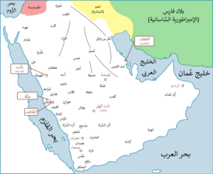 خارطة توزيع قبائل الجزيرة العربية في مطلع القرن السابع م؛ تظهر قبيلة عنزة في أقصى الشمال.