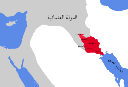 خريطة قديمة توضح حدود مناطق المارة المنتفق